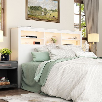 Famapy White Headboard With Storage Shelves & Remote Adjustable Light