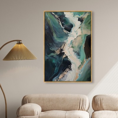 Sage River Blue and Green Abstract Canvas Art with Gold Frame