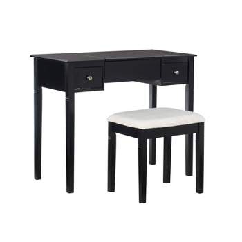 Camden Traditional Wood 2 Drawer Lift Top Mirror Vanity and Upholstered Stool Black Cherry - Linon