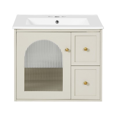 Vynxaria 24 in. 1 Sink Wall Mount Beige Bath Vanity with Beige Ceramic Top