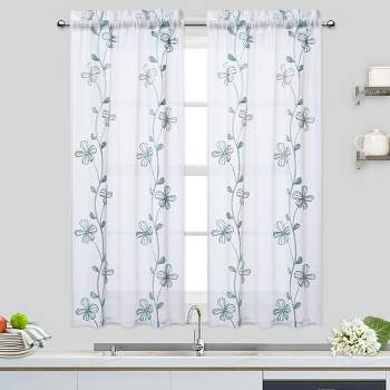 Trinity Floral Embroidered Voile Sheer Short Kitchen Curtains for Small Windows Bathroom