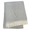 HomeRoots 55" X 70" Gray And White Herringbone Cotton Blend V Initial Throw Blanket with Tassels And Embroidery - 4 of 4