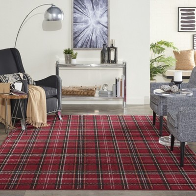 Red Plaid Rectangular Synthetic Area Rug 7' x 10'