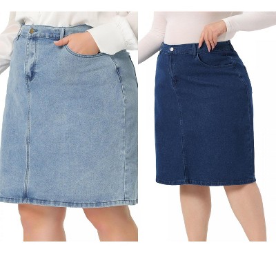 Agnes Orinda Women's Plus Size Classic Slash Pocket Elastic Waist Pencil Back Vent Denim Skirts