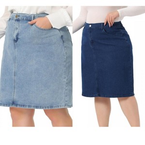 Agnes Orinda Women's Plus Size Classic Slash Pocket Elastic Waist Pencil Back Vent Denim Skirts - 1 of 4