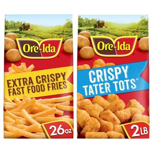 Ore-Ida Frozen Gluten Free 32oz Tater Tots Seasoned Frozen Shredded Potatoes + 26oz Extra Crispy Fast Food Fries - 1 of 4