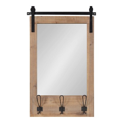 Rustic Brown Wood Wall Mirror with Hooks and Iron Bar