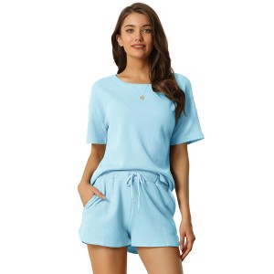 cheibear Women's Casual Pullover Short Sleeve Sleepshirt with Shorts Waffle Pajama Sets - 1 of 4
