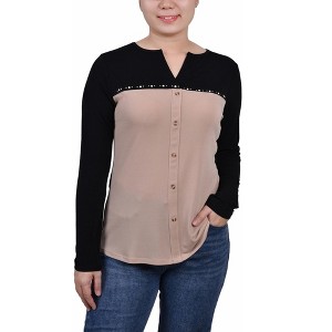 NY Collection Womens Studded Colorblocked Split Neck Button Up Shirt - 1 of 1