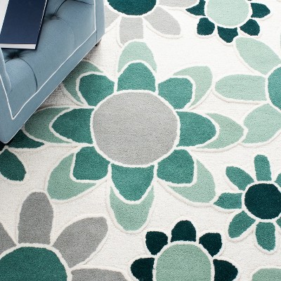 Ivory and Green Floral Hand-Tufted Wool Kids Runner Rug