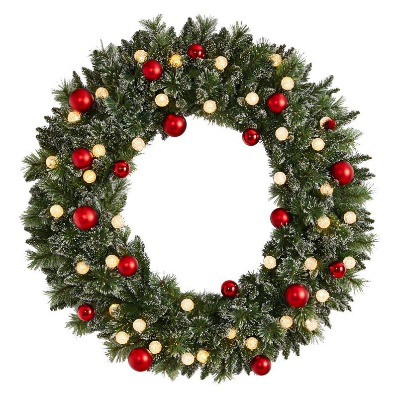 Nearly Natural 48&#34; Pre-lit LED Decorated Frosted Pine Artificial Christmas Wreath Green with Warm White Lights, 1 of 8