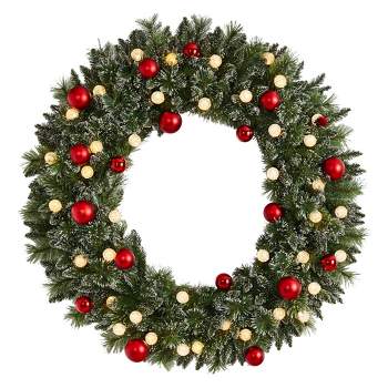 Nearly Natural 48" Pre-lit LED Decorated Frosted Pine Artificial Christmas Wreath Green with Warm White Lights
