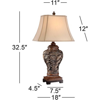 Bronze Carved Leaf Table Lamps with Tan Shades, Set of 2