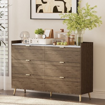 KTMBDW 55" 6 Drawer Dresser with Marbling Worktop, Mordern Storage Cabinet with Metal Leg and Handle for Hallway, Entryway, Living Room