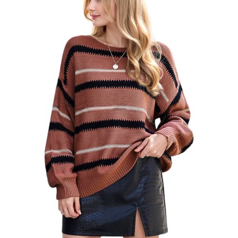 Anna kaci Women s Sweaters Long Sleeve Crew Striped Oversized Knitted Pullover Tops Medium burgundy Target