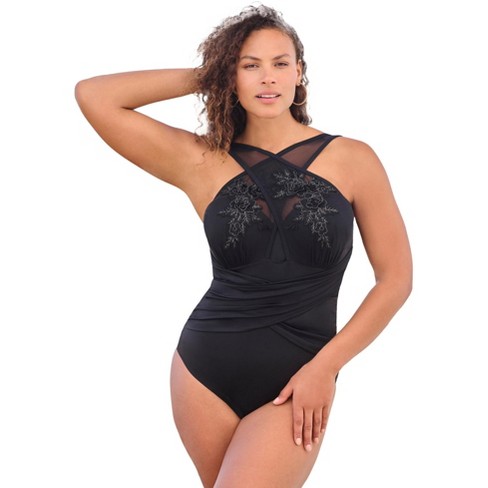 Swim 365 Women's Plus Size Lace-appliquéd High-Neck One Piece - image 1 of 2