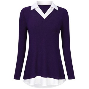 Coolmee Women's Contrast Collared Shirts Long Sleeve Patchwork Work Blouse Tunics Tops - 1 of 4