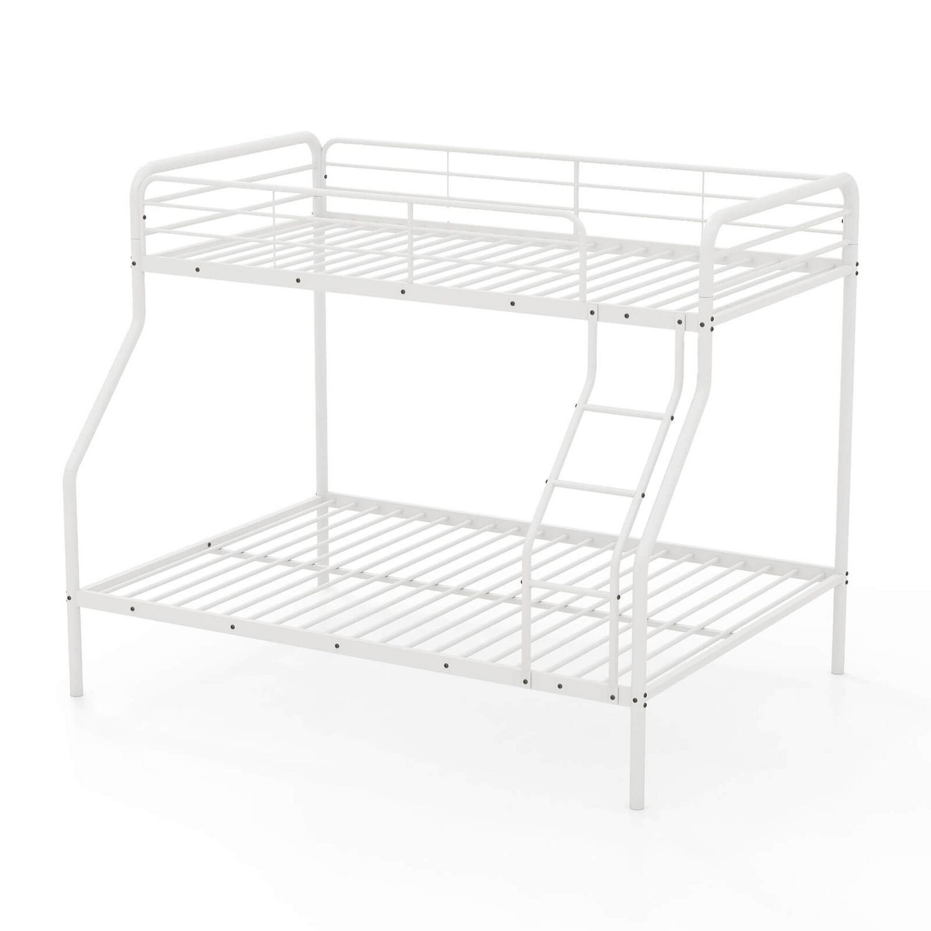 Costway Twin over Full Metal Bunk Bed with Inclined Ladder Safety Guardrail, Slat Support White