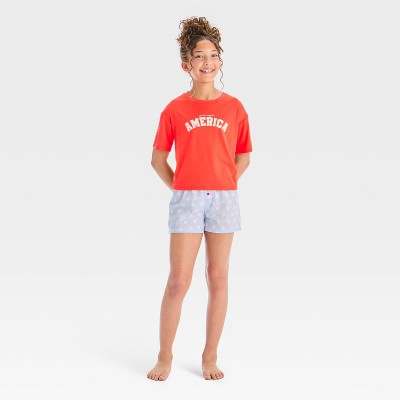 Girls' 2pc Short Sleeve America Stars Graphic T-Shirt & Boxer Shorts Pajama Set - art class™ Red