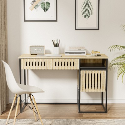 LOVMOR Computer Desk, Dresser With Drawers / Storage, Easy Assembly, Metal Frame, Modern Minimalist, Vertical stripe element