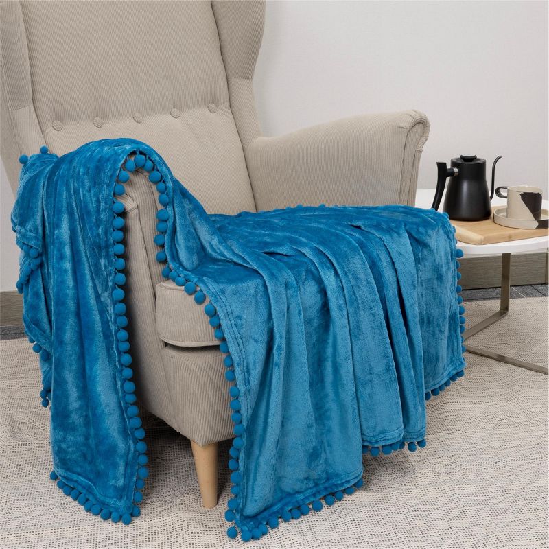 PAVILIA Fleece Pom Pom Blanket Throw for Sofa Bed, Soft Lightweight Pompom Fringe Blanket for Couch, 5 of 7