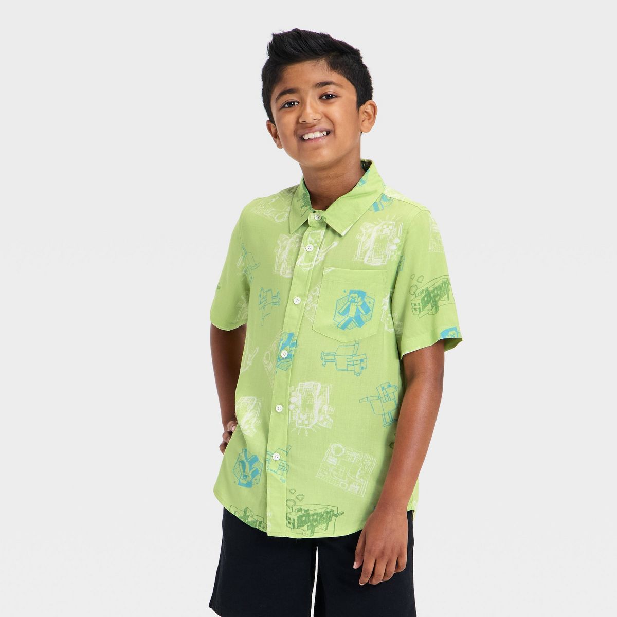 Boys' Minecraft Short Sleeve Button-Down Shirt - Lime Green