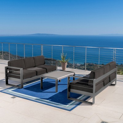 Crested Bay Patio Furniture ~ Outdoor Aluminum Sectional Sofa Set with Dark Grey Fire Table 