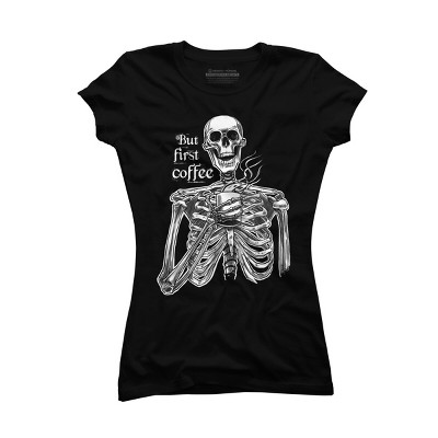 Junior's Design By Humans Halloween skeleton drinking coffee. But first coffee By melazergDesign T-Shirt