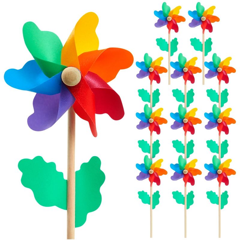 Blue Panda 12-Pack Rainbow Flower Pinwheels for Yard and Garden - Wind Spinners and Outdoor Party Favors for Kids, 1 of 9