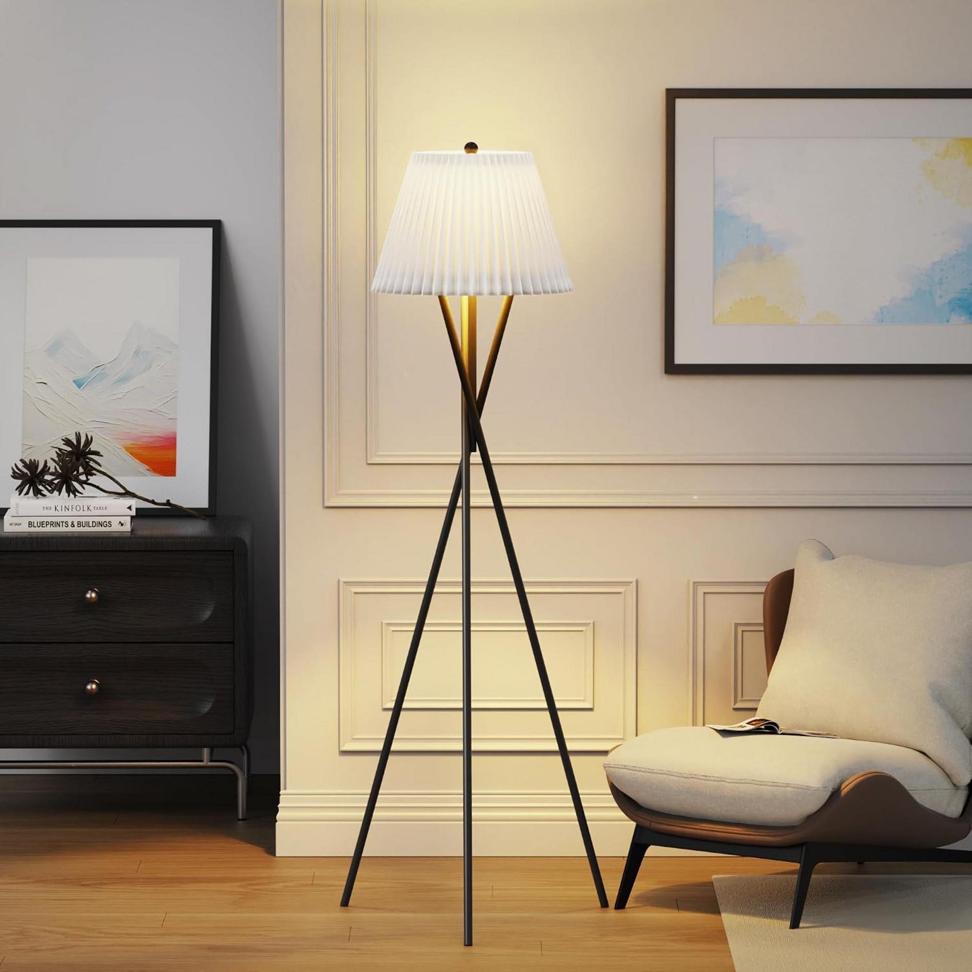 GDFStudio Toril Modern 66 Inch Pleated Fabric Shade Metal Floor Lamp with Foot Switch, Black/White