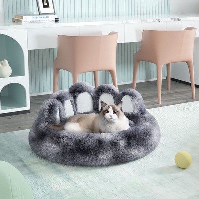 Munora Bear Paw Shape Pet Bed - Plush Long Fur, Tie-Dye Colors - Resilient Padding for Small/Medium Dogs & Indoor Cats (XS/S/M/L)