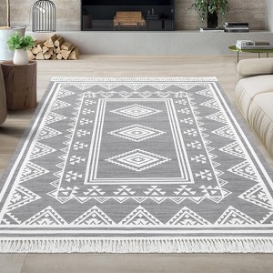 Indoor Tassel Area Rug for Bedroom Living Room - Washable Bordered Farmhouse Carpet, Non-Slip Soft Low Pile Stain-Resistant Mat - 1 of 4