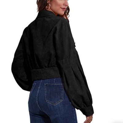 Женские куртки YesFashion Women Cropped Jacket Lapel Collar Patch Pocket Button Front Puff Long Sleeve Loose Short Outerwear Coat,black,M — фото 3