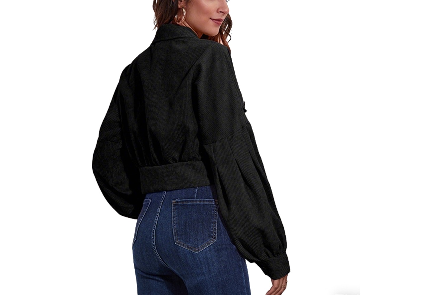Женское пальто YesFashion Women Cropped Jacket Lapel Collar Patch Pocket Button Front Puff Long Sleeve Loose Short Outerwear Coat, black, цвет: Чёрный — фото 3