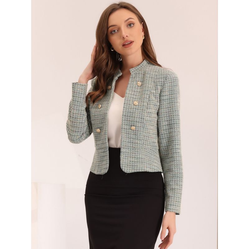 Allegra K Women's Tweed Stand Collar Business Open Front Cropped Jacket, 4 of 6