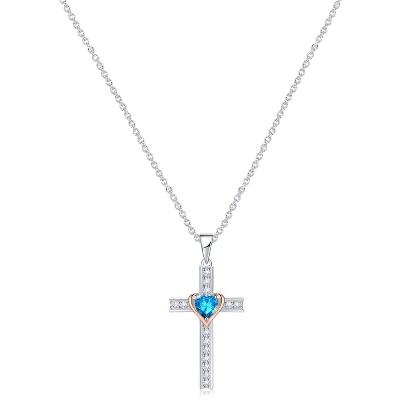 Molenia Birthstone Cross Necklace for Women, 925 Sterling Silver Heart Cross Pendant Necklace Fine Cross Jewelry Birthday Gifts for Her 18"+4" Inches