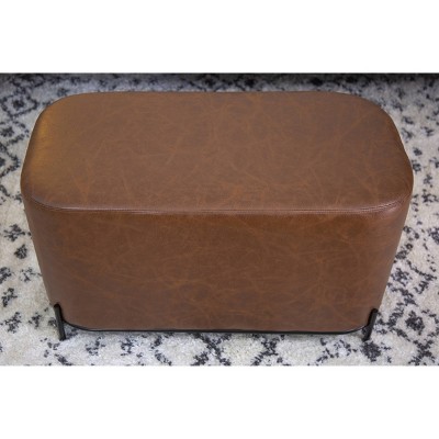 Distressed Brown Faux Leather Upholstered Bench with Black Metal Base