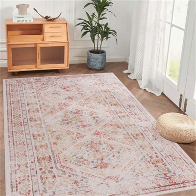 SKRAN Machine Washable Area Rugs, Low-Pile, Non-Slip, Non-Shedding, Foldable, Kid & Pet Friendly for Living Room, Bedroom, Kitchen  (Beige)
