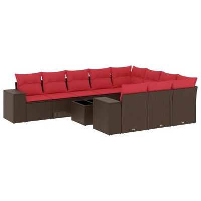 vidaXL 11 Piece Garden Sofa Set with Cushions Brown and Red - With Table