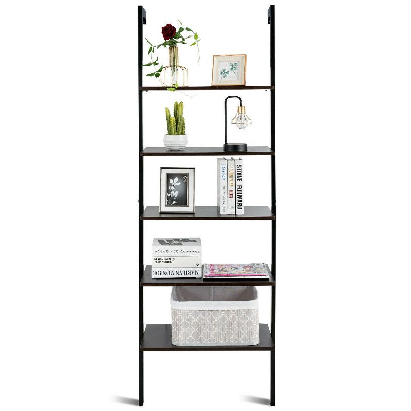 Costway 5-Tier Ladder Shelf Wood Wall Mounted Bookshelf W/Metal Frame Display Shelf, 3 of 5