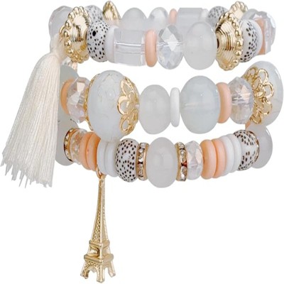 BRINJOY Bohemian Beaded Bracelet Set - Stackable Stretch Energy Bracelets with Healing Crystals and Eiffel Tower Charm