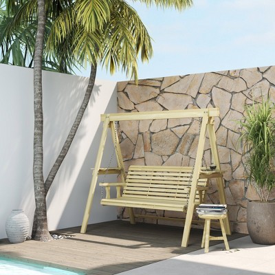 Natural Wood 3-Seat Porch Swing with Side Tables