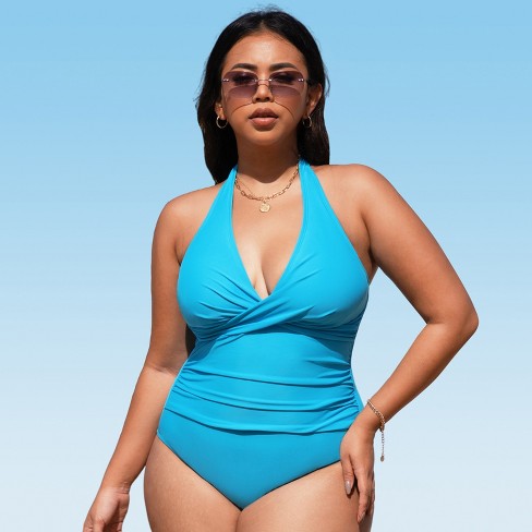 Women's Plus Size Twisted Halter One Piece Swimsuit - Cupshe-3x-blue :  Target