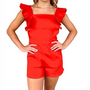 Women's STRETCH DENIM ROMPER WITH RUFFLE DETAILS - day + moon - 1 of 4
