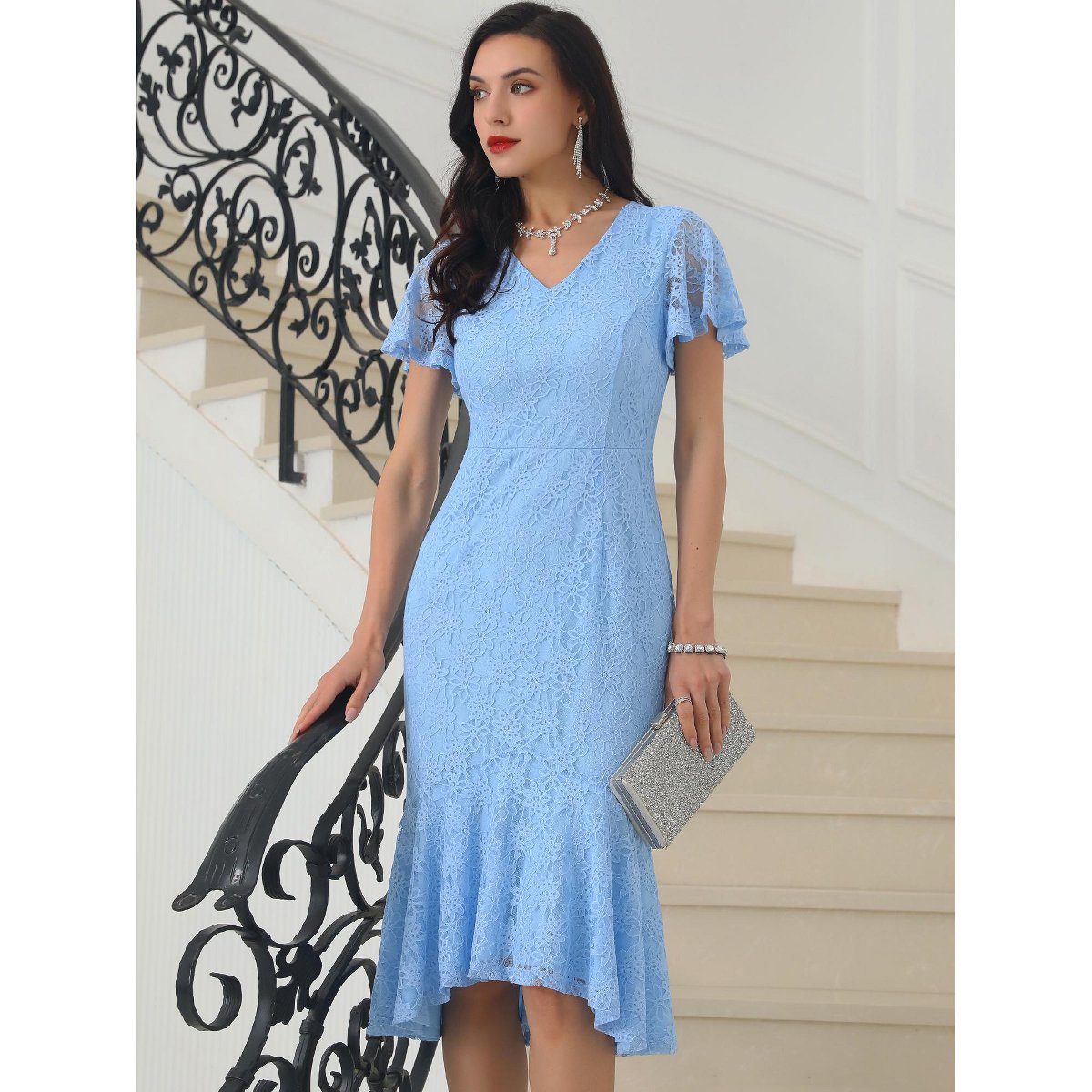 Женские платья INSPIRE CHIC Women's Lace Floral Fishtail Formal Cocktail Short Sleeve Midi Dress X-Large Light Blue — фото 3