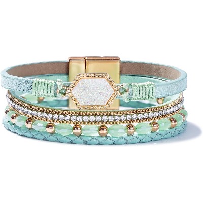 Crystal Beaded Leather Wrap Bracelet with Resin Stone Center, Stackable Boho Cuff with Magnetic Clasp for Women