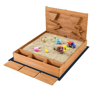 Costway Wooden Sandbox w/ Sand Wall & Cover & Bottom Liner for Kids Outdoor - 1 of 4