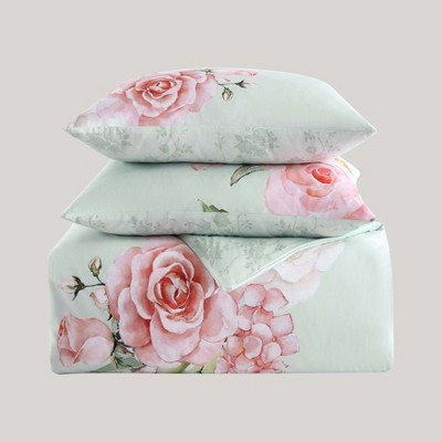 Queen Misty Green Cotton Reversible Floral Comforter Set