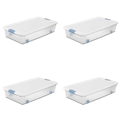 Sterilite 56 Qt Wheeled Latching Storage Box, Stackable Bin with Latch Lid,  Plastic Container to Organize Shoes Underbed, Clear with White Lid, 4-Pack