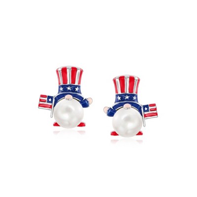 Ross-Simons 8-8.5mm Cultured Pearl and Multicolored Enamel Patriotic Gnome Earrings in Sterling Silver